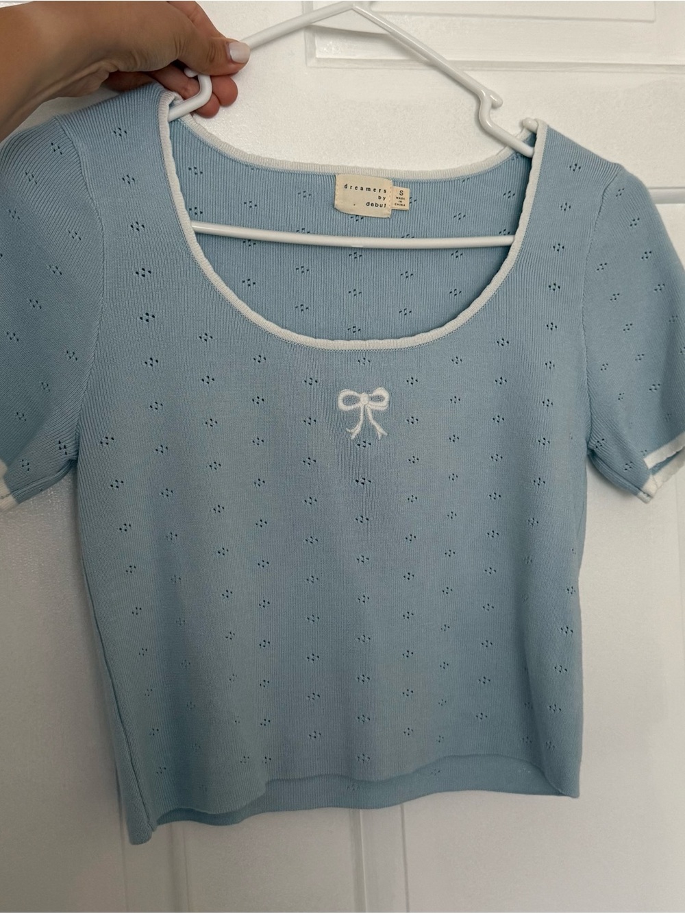 Dreamers Light Blue Knit Crop Top with White Trim